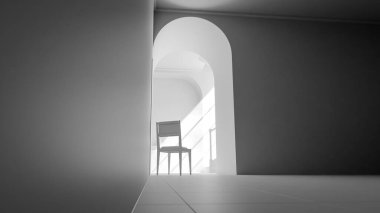 Kemerli bir geçitten geçen yumuşak güneş ışığıyla parlak bir koridora yerleştirilmiş, minimalist ve rahatlatıcı mimari bir iç mekan oluşturan, 3 boyutlu sakin bir sandalye..