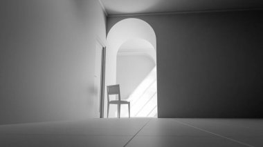 Kemerli bir geçitten geçen yumuşak güneş ışığıyla parlak bir koridora yerleştirilmiş, minimalist ve rahatlatıcı mimari bir iç mekan oluşturan, 3 boyutlu sakin bir sandalye..