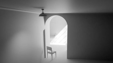 Kemerli bir geçitten geçen yumuşak güneş ışığıyla parlak bir koridora yerleştirilmiş, minimalist ve rahatlatıcı mimari bir iç mekan oluşturan, 3 boyutlu sakin bir sandalye..