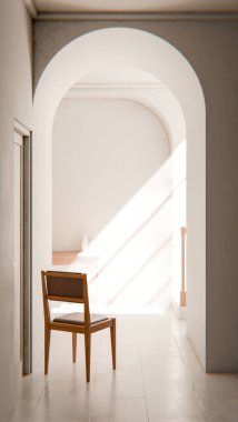 Kemerli bir geçitten geçen yumuşak güneş ışığıyla parlak bir koridora yerleştirilmiş, minimalist ve rahatlatıcı mimari bir iç mekan oluşturan, 3 boyutlu sakin bir sandalye..