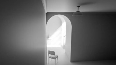 Kemerli bir geçitten geçen yumuşak güneş ışığıyla parlak bir koridora yerleştirilmiş, minimalist ve rahatlatıcı mimari bir iç mekan oluşturan, 3 boyutlu sakin bir sandalye..