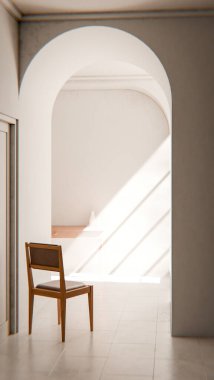 Kemerli bir geçitten geçen yumuşak güneş ışığıyla parlak bir koridora yerleştirilmiş, minimalist ve rahatlatıcı mimari bir iç mekan oluşturan, 3 boyutlu sakin bir sandalye..