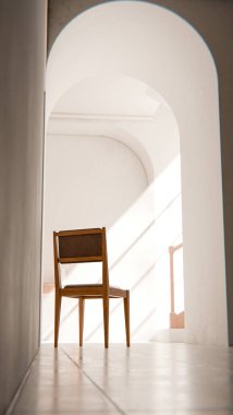 Kemerli bir geçitten geçen yumuşak güneş ışığıyla parlak bir koridora yerleştirilmiş, minimalist ve rahatlatıcı mimari bir iç mekan oluşturan, 3 boyutlu sakin bir sandalye..