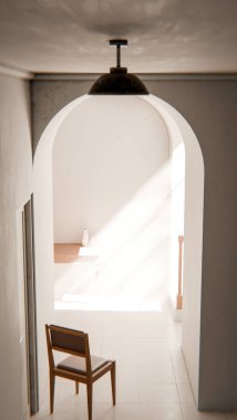 Kemerli bir geçitten geçen yumuşak güneş ışığıyla parlak bir koridora yerleştirilmiş, minimalist ve rahatlatıcı mimari bir iç mekan oluşturan, 3 boyutlu sakin bir sandalye..