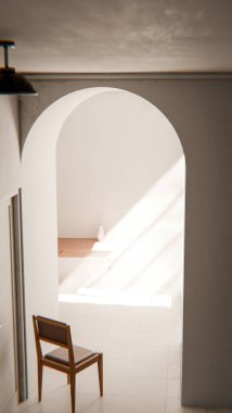 Kemerli bir geçitten geçen yumuşak güneş ışığıyla parlak bir koridora yerleştirilmiş, minimalist ve rahatlatıcı mimari bir iç mekan oluşturan, 3 boyutlu sakin bir sandalye..