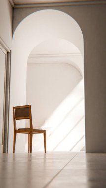 Kemerli bir geçitten geçen yumuşak güneş ışığıyla parlak bir koridora yerleştirilmiş, minimalist ve rahatlatıcı mimari bir iç mekan oluşturan, 3 boyutlu sakin bir sandalye..