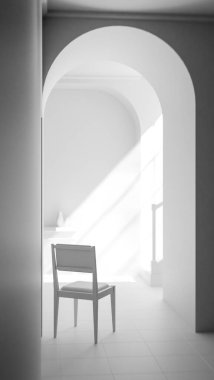 Kemerli bir geçitten geçen yumuşak güneş ışığıyla parlak bir koridora yerleştirilmiş, minimalist ve rahatlatıcı mimari bir iç mekan oluşturan, 3 boyutlu sakin bir sandalye..