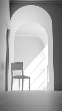 Kemerli bir geçitten geçen yumuşak güneş ışığıyla parlak bir koridora yerleştirilmiş, minimalist ve rahatlatıcı mimari bir iç mekan oluşturan, 3 boyutlu sakin bir sandalye..