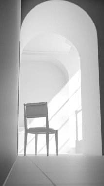 Kemerli bir geçitten geçen yumuşak güneş ışığıyla parlak bir koridora yerleştirilmiş, minimalist ve rahatlatıcı mimari bir iç mekan oluşturan, 3 boyutlu sakin bir sandalye..