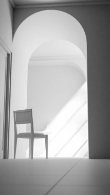 Kemerli bir geçitten geçen yumuşak güneş ışığıyla parlak bir koridora yerleştirilmiş, minimalist ve rahatlatıcı mimari bir iç mekan oluşturan, 3 boyutlu sakin bir sandalye..