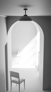 Kemerli bir geçitten geçen yumuşak güneş ışığıyla parlak bir koridora yerleştirilmiş, minimalist ve rahatlatıcı mimari bir iç mekan oluşturan, 3 boyutlu sakin bir sandalye..