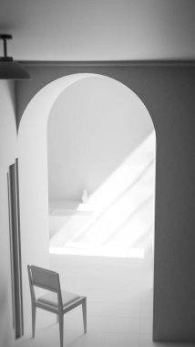 Kemerli bir geçitten geçen yumuşak güneş ışığıyla parlak bir koridora yerleştirilmiş, minimalist ve rahatlatıcı mimari bir iç mekan oluşturan, 3 boyutlu sakin bir sandalye..