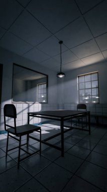 Masası, sandalyeleri ve dramatik gölgeleri olan bir sorgu odasının karanlık üç boyutlu görüntüsü. Suç, gizem, gerilim, hapishane ve sinematik atmosfer kavramları için mükemmel.