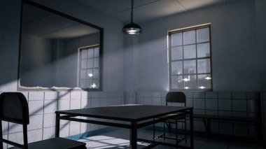 Masası, sandalyeleri ve dramatik gölgeleri olan bir sorgu odasının karanlık üç boyutlu görüntüsü. Suç, gizem, gerilim, hapishane ve sinematik atmosfer kavramları için mükemmel.