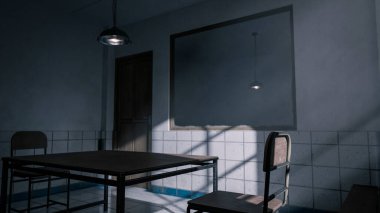 Masası, sandalyeleri ve dramatik gölgeleri olan bir sorgu odasının karanlık üç boyutlu görüntüsü. Suç, gizem, gerilim, hapishane ve sinematik atmosfer kavramları için mükemmel.
