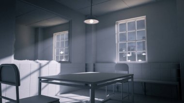 Masası, sandalyeleri ve dramatik gölgeleri olan bir sorgu odasının karanlık üç boyutlu görüntüsü. Suç, gizem, gerilim, hapishane ve sinematik atmosfer kavramları için mükemmel.