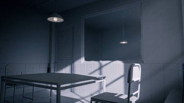 Masası, sandalyeleri ve dramatik gölgeleri olan bir sorgu odasının karanlık üç boyutlu görüntüsü. Suç, gizem, gerilim, hapishane ve sinematik atmosfer kavramları için mükemmel.