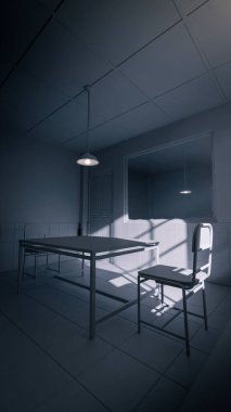 Masası, sandalyeleri ve dramatik gölgeleri olan bir sorgu odasının karanlık üç boyutlu görüntüsü. Suç, gizem, gerilim, hapishane ve sinematik atmosfer kavramları için mükemmel.