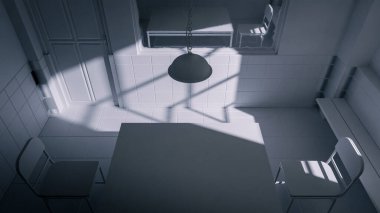 Masası, sandalyeleri ve dramatik gölgeleri olan bir sorgu odasının karanlık üç boyutlu görüntüsü. Suç, gizem, gerilim, hapishane ve sinematik atmosfer kavramları için mükemmel.