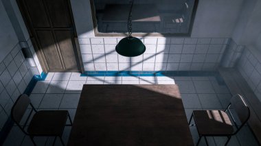Masası, sandalyeleri ve dramatik gölgeleri olan bir sorgu odasının karanlık üç boyutlu görüntüsü. Suç, gizem, gerilim, hapishane ve sinematik atmosfer kavramları için mükemmel.