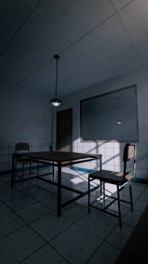 Masası, sandalyeleri ve dramatik gölgeleri olan bir sorgu odasının karanlık üç boyutlu görüntüsü. Suç, gizem, gerilim, hapishane ve sinematik atmosfer kavramları için mükemmel.