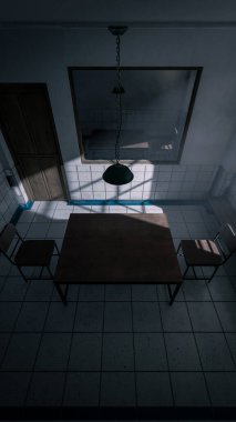 Masası, sandalyeleri ve dramatik gölgeleri olan bir sorgu odasının karanlık üç boyutlu görüntüsü. Suç, gizem, gerilim, hapishane ve sinematik atmosfer kavramları için mükemmel.
