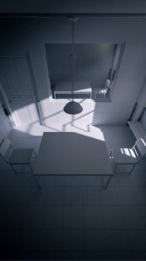 Masası, sandalyeleri ve dramatik gölgeleri olan bir sorgu odasının karanlık üç boyutlu görüntüsü. Suç, gizem, gerilim, hapishane ve sinematik atmosfer kavramları için mükemmel.