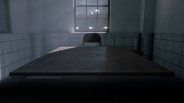 Masası, sandalyeleri ve dramatik gölgeleri olan bir sorgu odasının karanlık üç boyutlu görüntüsü. Suç, gizem, gerilim, hapishane ve sinematik atmosfer kavramları için mükemmel.
