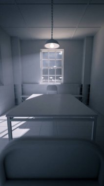 Masası, sandalyeleri ve dramatik gölgeleri olan bir sorgu odasının karanlık üç boyutlu görüntüsü. Suç, gizem, gerilim, hapishane ve sinematik atmosfer kavramları için mükemmel.