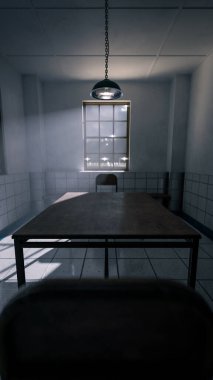 Masası, sandalyeleri ve dramatik gölgeleri olan bir sorgu odasının karanlık üç boyutlu görüntüsü. Suç, gizem, gerilim, hapishane ve sinematik atmosfer kavramları için mükemmel.