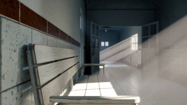 Eski hastane koridorunun 3 boyutlu görüntüsü. Banklar, fayanslar ve pencerelerden içeri güneş ışığı yayılıyor. Tarih, sağlık, gizem, drama ve sinematik atmosfer konuları için mükemmel.