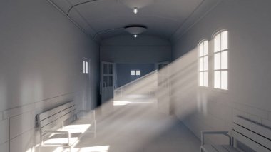 Eski hastane koridorunun 3 boyutlu görüntüsü. Banklar, fayanslar ve pencerelerden içeri güneş ışığı yayılıyor. Tarih, sağlık, gizem, drama ve sinematik atmosfer konuları için mükemmel.