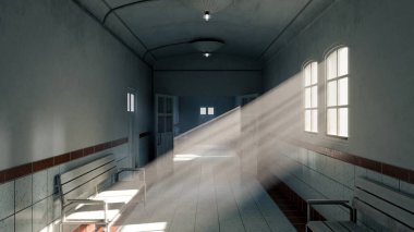 Eski hastane koridorunun 3 boyutlu görüntüsü. Banklar, fayanslar ve pencerelerden içeri güneş ışığı yayılıyor. Tarih, sağlık, gizem, drama ve sinematik atmosfer konuları için mükemmel.