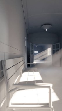 Eski hastane koridorunun 3 boyutlu görüntüsü. Banklar, fayanslar ve pencerelerden içeri güneş ışığı yayılıyor. Tarih, sağlık, gizem, drama ve sinematik atmosfer konuları için mükemmel.