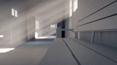 Eski hastane koridorunun 3 boyutlu görüntüsü. Banklar, fayanslar ve pencerelerden içeri güneş ışığı yayılıyor. Tarih, sağlık, gizem, drama ve sinematik atmosfer konuları için mükemmel.