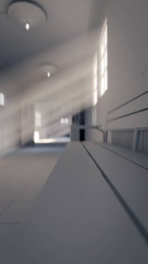 Eski hastane koridorunun 3 boyutlu görüntüsü. Banklar, fayanslar ve pencerelerden içeri güneş ışığı yayılıyor. Tarih, sağlık, gizem, drama ve sinematik atmosfer konuları için mükemmel.