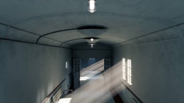 Eski hastane koridorunun 3 boyutlu görüntüsü. Banklar, fayanslar ve pencerelerden içeri güneş ışığı yayılıyor. Tarih, sağlık, gizem, drama ve sinematik atmosfer konuları için mükemmel.