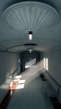 Eski hastane koridorunun 3 boyutlu görüntüsü. Banklar, fayanslar ve pencerelerden içeri güneş ışığı yayılıyor. Tarih, sağlık, gizem, drama ve sinematik atmosfer konuları için mükemmel.