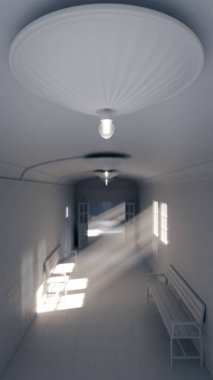 Eski hastane koridorunun 3 boyutlu görüntüsü. Banklar, fayanslar ve pencerelerden içeri güneş ışığı yayılıyor. Tarih, sağlık, gizem, drama ve sinematik atmosfer konuları için mükemmel.