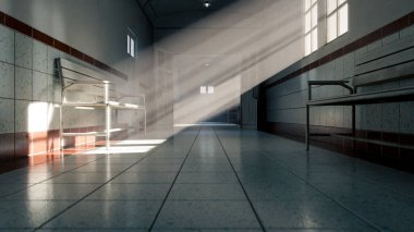 Eski hastane koridorunun 3 boyutlu görüntüsü. Banklar, fayanslar ve pencerelerden içeri güneş ışığı yayılıyor. Tarih, sağlık, gizem, drama ve sinematik atmosfer konuları için mükemmel.