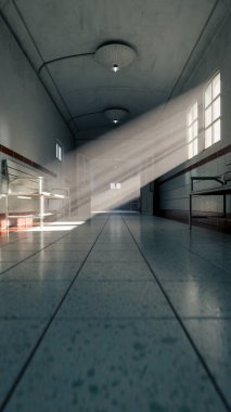 Eski hastane koridorunun 3 boyutlu görüntüsü. Banklar, fayanslar ve pencerelerden içeri güneş ışığı yayılıyor. Tarih, sağlık, gizem, drama ve sinematik atmosfer konuları için mükemmel.