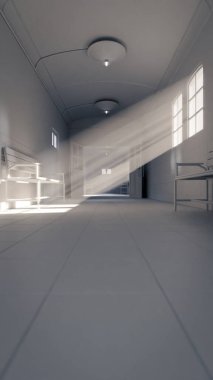 Eski hastane koridorunun 3 boyutlu görüntüsü. Banklar, fayanslar ve pencerelerden içeri güneş ışığı yayılıyor. Tarih, sağlık, gizem, drama ve sinematik atmosfer konuları için mükemmel.