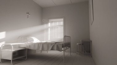 Üç boyutlu eski bir hastane odası. Kırık duvarları, paslı yatağı, soyulmuş tavanı ve pencereden güneş ışığı görünüyor. Ürkütücü, dramatik ya da tarihi konsept sahneleri için mükemmel..