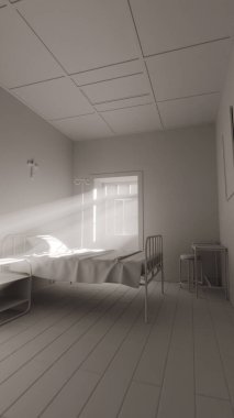 Üç boyutlu eski bir hastane odası. Kırık duvarları, paslı yatağı, soyulmuş tavanı ve pencereden güneş ışığı görünüyor. Ürkütücü, dramatik ya da tarihi konsept sahneleri için mükemmel..
