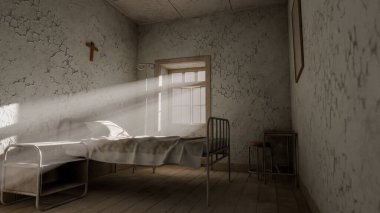Üç boyutlu eski bir hastane odası. Kırık duvarları, paslı yatağı, soyulmuş tavanı ve pencereden güneş ışığı görünüyor. Ürkütücü, dramatik ya da tarihi konsept sahneleri için mükemmel..