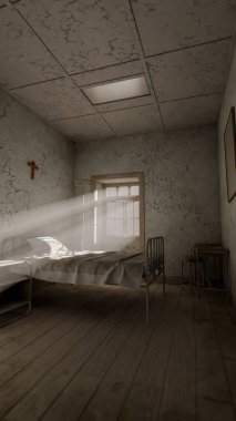 Üç boyutlu eski bir hastane odası. Kırık duvarları, paslı yatağı, soyulmuş tavanı ve pencereden güneş ışığı görünüyor. Ürkütücü, dramatik ya da tarihi konsept sahneleri için mükemmel..