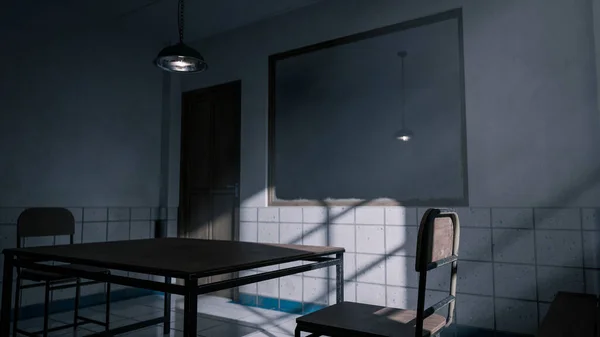 Masası, sandalyeleri ve dramatik gölgeleri olan bir sorgu odasının karanlık üç boyutlu görüntüsü. Suç, gizem, gerilim, hapishane ve sinematik atmosfer kavramları için mükemmel.