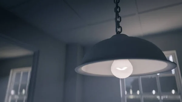 Masası, sandalyeleri ve dramatik gölgeleri olan bir sorgu odasının karanlık üç boyutlu görüntüsü. Suç, gizem, gerilim, hapishane ve sinematik atmosfer kavramları için mükemmel.