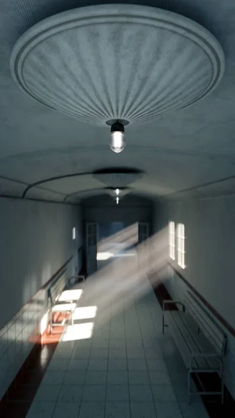 Eski hastane koridorunun 3 boyutlu görüntüsü. Banklar, fayanslar ve pencerelerden içeri güneş ışığı yayılıyor. Tarih, sağlık, gizem, drama ve sinematik atmosfer konuları için mükemmel.