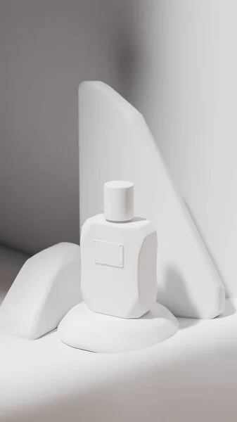 Doğal kum ve taş kürsüde sergilenen lüks bir parfüm şişesinin mükemmel 3D görüntüsü. Temiz beyaz bir arka planı var. Ürün markalaşması, reklam, ambalaj ve zarif tasarım görselleri için ideal.